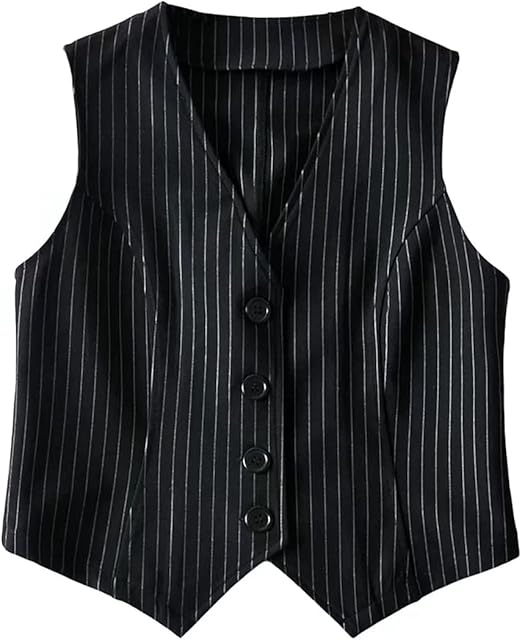 Jeovuanun Womens Striped Button Dressy Vest Jacket Casual Stretchy OL Fitted Tuxedo Suit Waistcoat  Size M