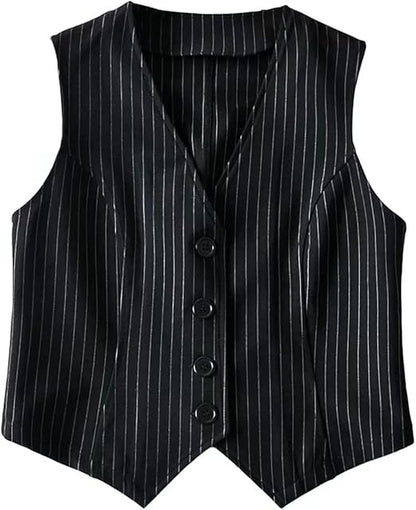 Jeovuanun Womens Striped Button Dressy Vest Jacket Casual Stretchy OL Fitted Tuxedo Suit Waistcoat  Size M