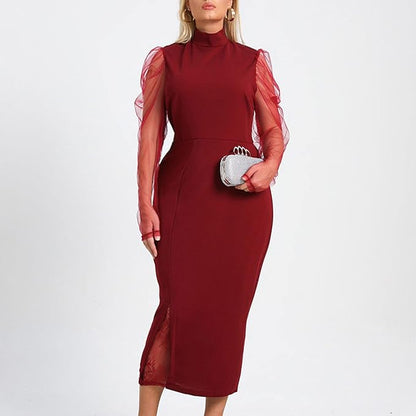 Evening Dresses for Women Elegant Long Sleeve Turtleneck Cocktail Dresses Plus Size Slim Dress Lace Patchwork Maxi Dress size no