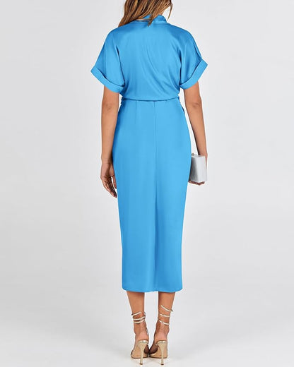 BTFBM 2025 Women Button Down Ruched Shirt Dresses Short Sleeve Lapel V Neck Elegant Party Spring Summer Maxi Satin Dress Size S