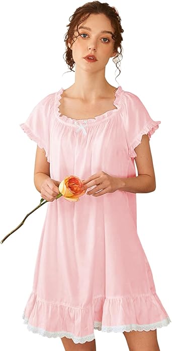 Nanxson Women's Cotton Nightdress Summer Short Sleeve Nightdress Vintage Pajamas Size S