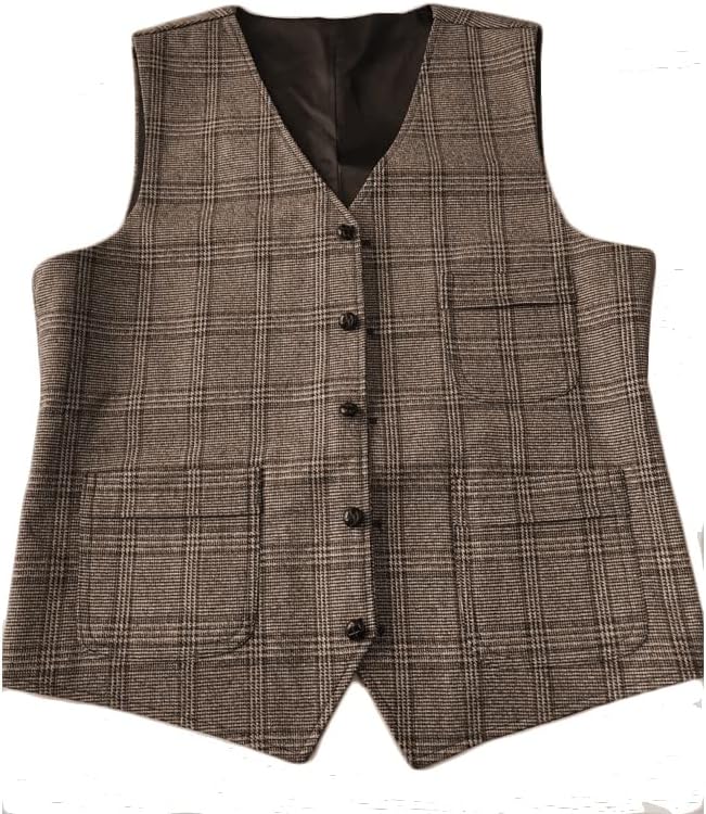 Mens Suit Vests Brown Black Waistcoat Vest Man Plaid Steampunk Jacket Tweed V-Neck Slim Fit Gilet Wedding Clothing  Size L