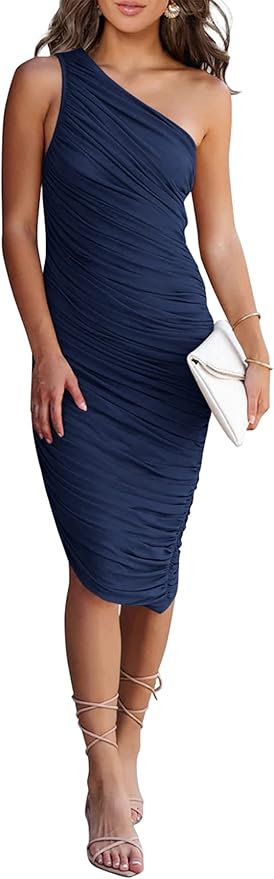 PRETTYGARDEN Women's Ruched Bodycon Dress Summer One Shoulder Sleeveless Party Cocktail Wedding Guest Pencil DressesSize S