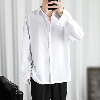 DGHM-JLMY Men Lapel Loose Chiffon Drape Shirt Slim Fit Non-Iron Straight Collar Dress Shirt Collar Button Cuff Dress Shirt Size M