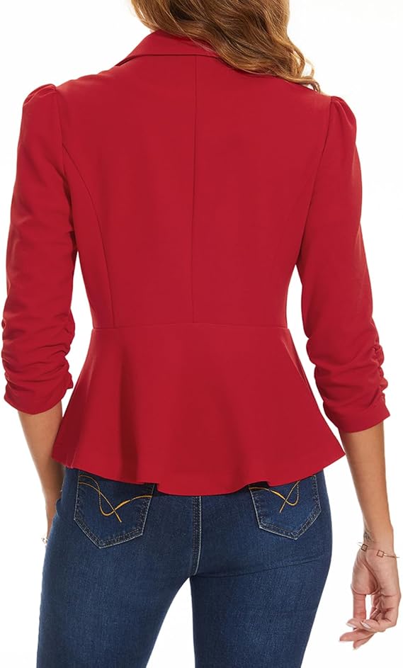 Blazers for Women Casual Elegant Puff 3/4 Sleeve Notched Lapel Cropped Blazer Button Front Ruffle Peplum Jacket size L