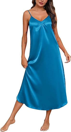Women Long Satin Nightgown Silk Slip Dress Sexy V Neck Sleepwear Loose Sleeveless Nightshirt Size S
