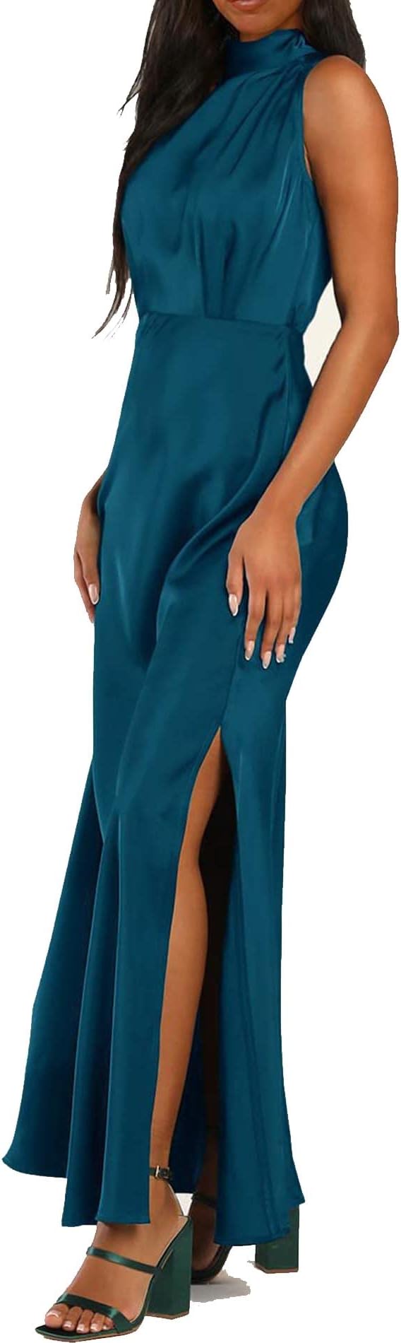 Women's Satin Tank Dress Elegant Sleeveless Mock Neck Split Hem Slip Wedding Party Formal Maxi Dress size no