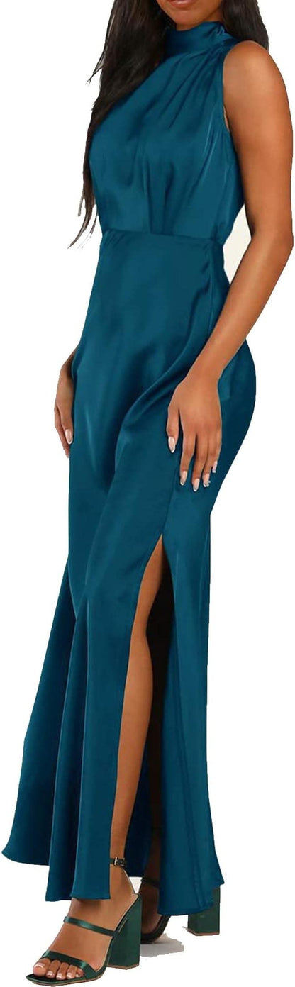 Women's Satin Tank Dress Elegant Sleeveless Mock Neck Split Hem Slip Wedding Party Formal Maxi Dress size no