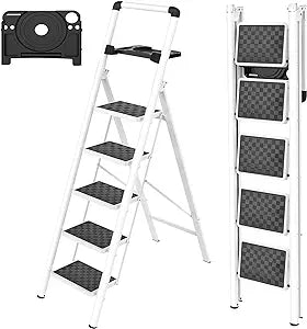HBTower Step Ladder, Step Ladder Folding Step Stool, Portable Sturdy Steel Ladder Stool for Adults with Wide Pedals Home Outdoor Kitchen, White