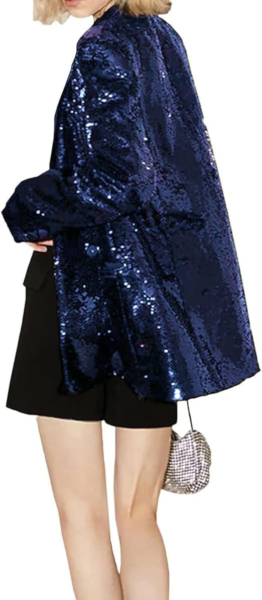Meleg ölelés Blazers  Vintage Sparkly Sequins Blazer Open Front Glitter Jacket Casual Double Breasted Outfit Size M