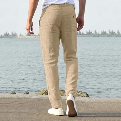 Mens Elastic Waist Summer Pants Drawstring Casual Pants Solid Cotton Linen Beach Pants for Men Full Length Trousers Size L