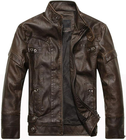 WULFUL Men's Vintage Stand Collar Leather Jacket Motorcycle PU Jacket and Coat Size XL
