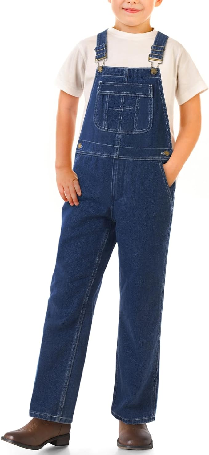 HISEA Boys' Denim Bib Overalls Size 4-16, Boys Youth Relaxed Fit Overall with Adjustable Straps and Convenient Tool Pockets Size 10