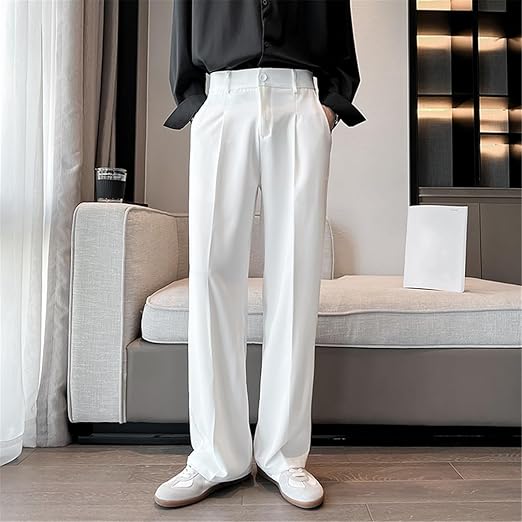Men Suit Pants Solid Baggy Casual Wide Leg Trousers High Waist Straight Bottoms Size M