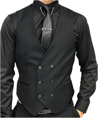 Men's Suit Vest,Black Double-Breasted V-Neck Fashion Formal Business Waistcoat Casual Wear,for Tuxedo,Wedding,Dating (Size : XX-Large)Size M