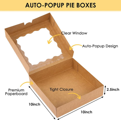 Moretoes 38pcs Pie Boxes, 10x10x2.5 Inches Auto-Popup Bakery Boxes with Window for Cookies, Treats, Cake, Pies, Chocolate Covered Strawberries, Macarons, Donuts, Muffins