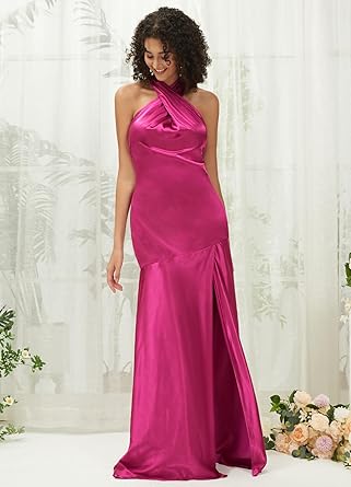 Hot Pink Satin Halter Maxi Bridesmaid Dress Slit Sheath Backless Sleeveless Evening Dress with Sweep Train R30517 Size S