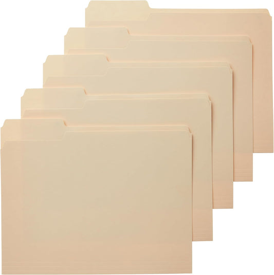 Amazon Basics File Folders with Tabs for Filing, 1/3-Cut Tab, Assorted Positions, Letter Size, Manila, Pack of 100