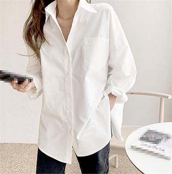 Women Long Sleeve White Blouse Top Loose Button Cotton Shirts Casual Office size S