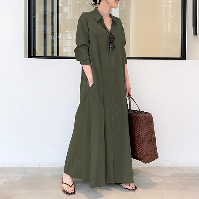Cotton Linen Dresses for Women,2024 Summer Trendy Lapel Button Down Maxi Dress,Casual Loose Long Sleeve Beach Dress didn't find size on picture