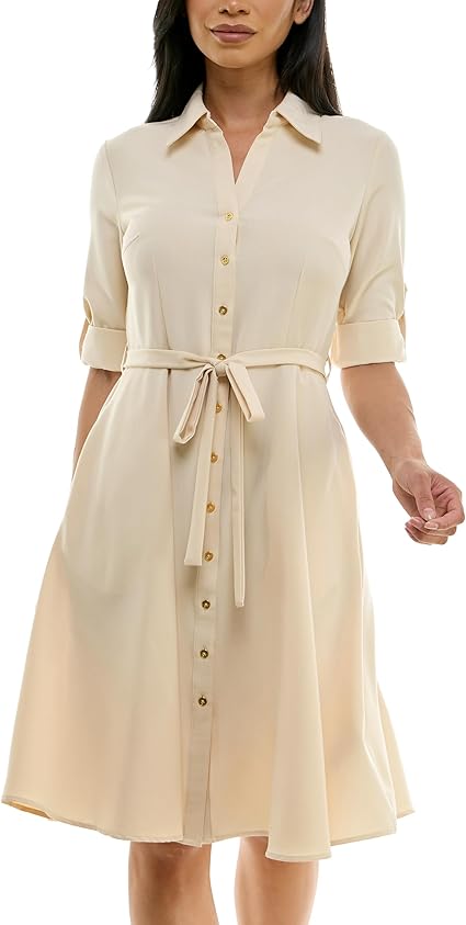 Sharagano womens Sharagano Button Front Pleated Shirt Dress Casual Dress