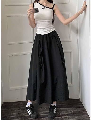 Women's high Waisted Elastic Waistband A-line Skirt, midi Casual Skirt, Long Skirt Size S
