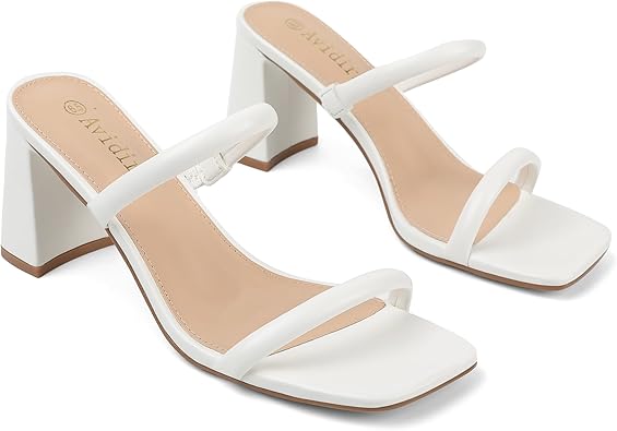 Women's Square Open Toe Heeled Sandals Two Strap Mules Slip On Block Chunky Mid Heels Sandals  size 9