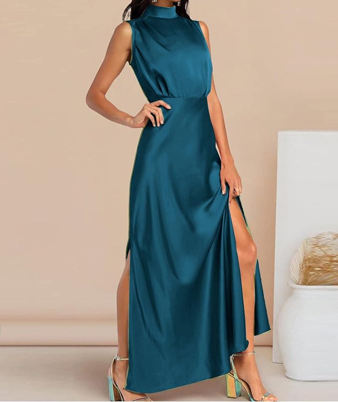 Women's Satin Tank Dress Elegant Sleeveless Mock Neck Split Hem Slip Wedding Party Formal Maxi Dress size no