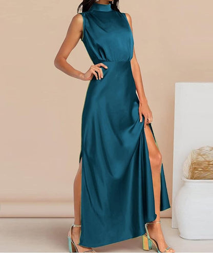 Women's Satin Tank Dress Elegant Sleeveless Mock Neck Split Hem Slip Wedding Party Formal Maxi Dress size no