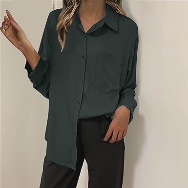 Womens Button Down Shirts Summer Cotton Long Sleeve Work Blouses V Neck Casual Tunics Solid Business Tops with Pocket  size M