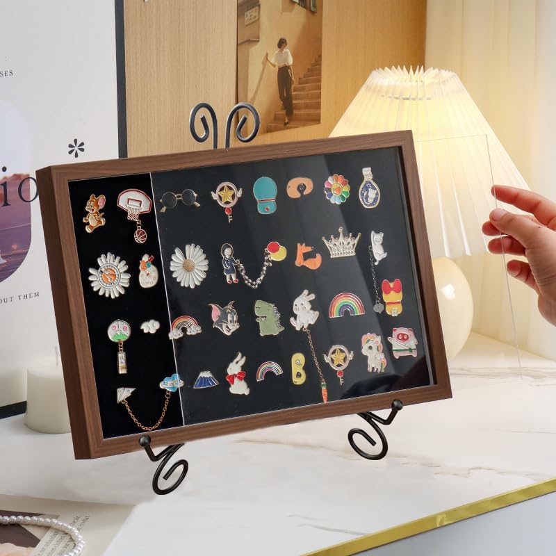 Shadow Box Pin Display Case with Tabletop Display Stand for Medal & Jewelry Pin Collection, Wall Mounted or Desktop Display Box with Sliding Acrylic Door, 12.6 x 8.7 x 1.26 inches, Brown Wood Frame