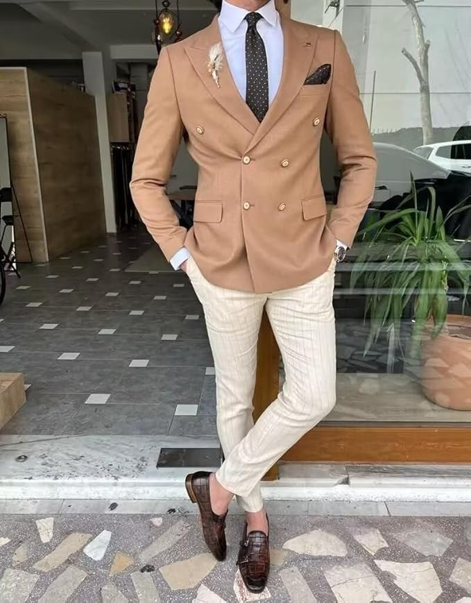 Wangyue Mens Double Breasted Blazer Casual Jacket for Men Slim Fit Sports Coat for Men Business Wedding Dinner Size XL