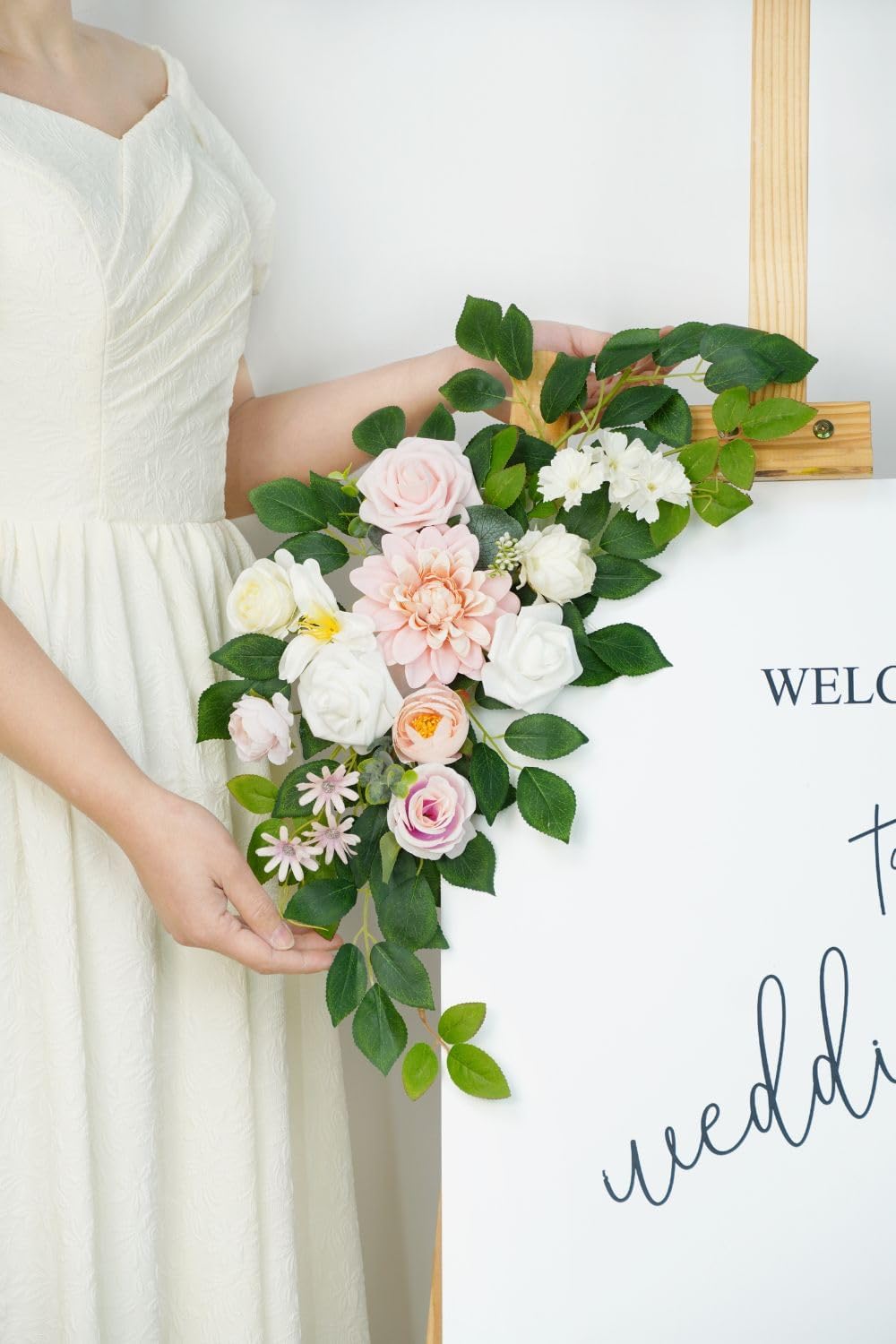 Wedding Decor (Pack of 2) Welcome Sign Flower Backdrop Garland for Ceremony Reception Wall Easel Home Decoration Entryway Faux Outdoor Board Head Table Decor (Blush