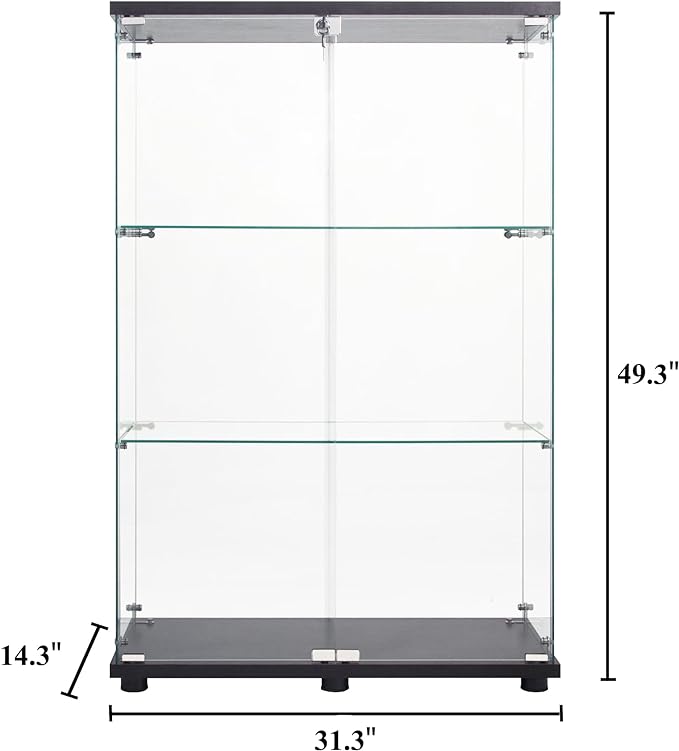 Modern 49'' Contemporary 3-Shelf Case Glass Display Cabinet in Clear with 2 Doors, Curio Cabinet Collection Display Case, Floor Standing Bookshelf for Living Room Bedroom Home Office