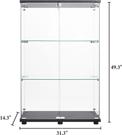 Modern 49'' Contemporary 3-Shelf Case Glass Display Cabinet in Clear with 2 Doors, Curio Cabinet Collection Display Case, Floor Standing Bookshelf for Living Room Bedroom Home Office