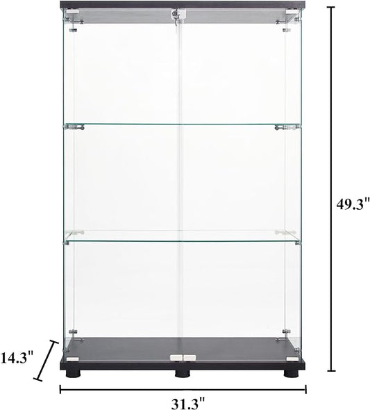 Modern 49'' Contemporary 3-Shelf Case Glass Display Cabinet in Clear with 2 Doors, Curio Cabinet Collection Display Case, Floor Standing Bookshelf for Living Room Bedroom Home Office