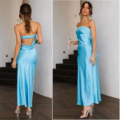 Yazinie Women's Satin Tube Sexy Backless Formal Wedding Guest Evening Party Maxi Dresses Gala DressSize S