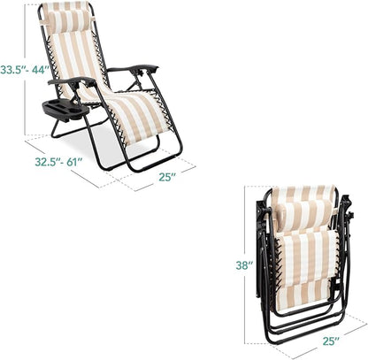 Best Choice Products Set of 2 Adjustable Steel Mesh Zero Gravity Lounge Chair Recliners w/Pillows and Cup Holder Trays - Tan Striped