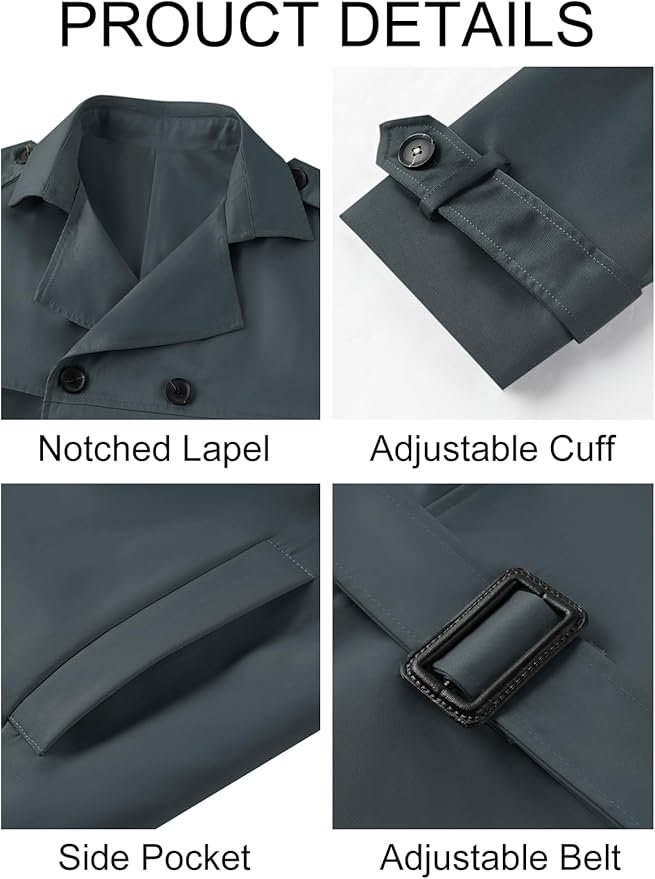 Pretifeel Mens Trench Coat Slim Fit Double Breasted Long Jacket Notched Lapel Belt Fall Windproof Coat Size Unavailable