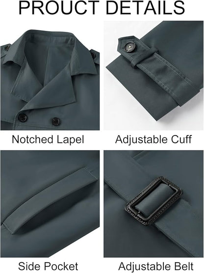 Pretifeel Mens Trench Coat Slim Fit Double Breasted Long Jacket Notched Lapel Belt Fall Windproof Coat Size Unavailable