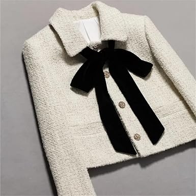 Women White Fragrant Jacket Retro Bow Ribbon Coat Flip Collar French Light Versatile Classic Top  size L