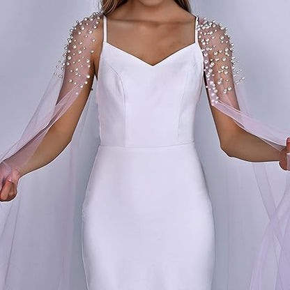 Elegant Trailing Arm Sleeves for Women Artificial Pearls Shoulder Veil Dress Long Sleeves Wedding Arm Sleeves for Bride Size S