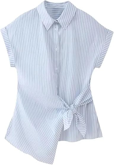 Women Lapel Single-Breasted Asymmetrical Lace Up Decorate Casual Shirt Female Short Sleeve Versatile Blouse Top Size No