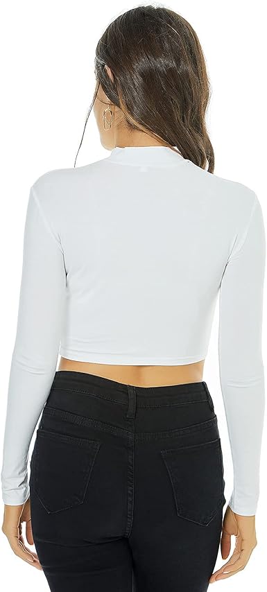 LONGBIDA Women's Long Sleeve Mock Neck Pure Soft Thin Sexy Stretch Crop TOP T Shirt Size S