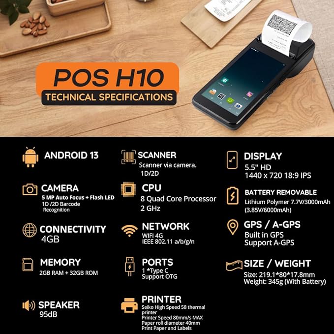 POS PDA H10 Receipt Printer Android 13 and 58mm High Speed Thermal Printer 5.5’ Touch Screen. Handheld Mobil Point of Sale Tablet. Scan 1D/2D/QR barcodes. Support 4G. 2GB Ram+32GB ROM
