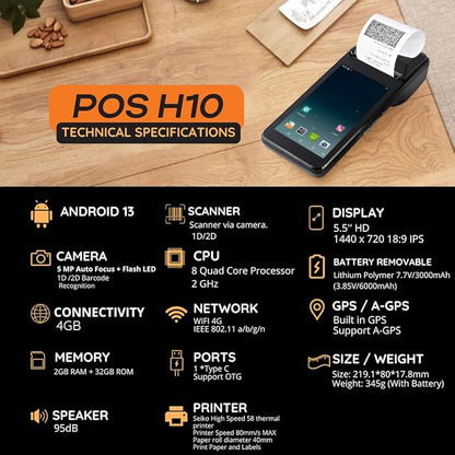 POS PDA H10 Receipt Printer Android 13 and 58mm High Speed Thermal Printer 5.5’ Touch Screen. Handheld Mobil Point of Sale Tablet. Scan 1D/2D/QR barcodes. Support 4G. 2GB Ram+32GB ROM