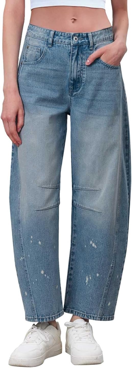 Womens Jeans Mid Rise Barrel Wash Jeans for Women Vintage Wide Leg Cropped Denim Pants Baggy Boyfriend Jeans Ankle Trousers size 36