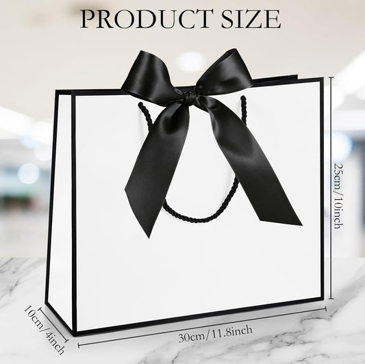 Silkfly 12 Pcs Thank You Gift Bags with Handle 12x10x4'' Welcome Bags Return Gifts with Bow Ribbon for Wedding Bridesmaid Baby Shower Housewarming Birthday Summer Christmas Vacation(White, Black)