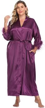 MissNina Women's Satin Kimono Robe with Ostrich Feather Trim Silk Robes Bridesmaid Robes Bridal Party Sleepwear  Size No