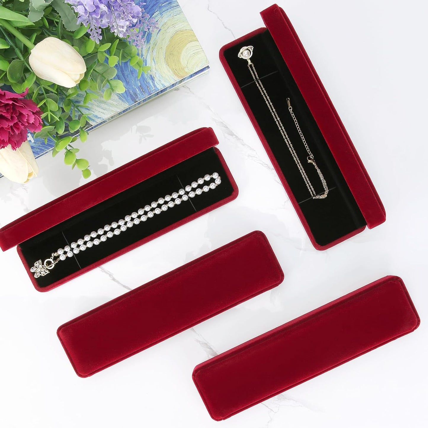 LETURE 4 Pieces Velvet Bracelet Necklace Pendant Jewelry Box, Small Long Jewelry Watch Gift Box for Proposal, Wedding, Engagement, Christmas (RED-4PCS)